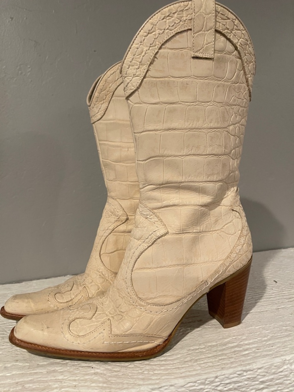 Stuart Weitzman Cream Croc-Embossed Western Boots